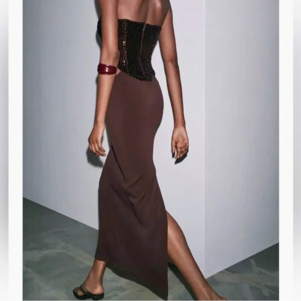 Zara sequin embellished brown Strapless cut out modern fit midi Dress size small - Picture 4 of 16